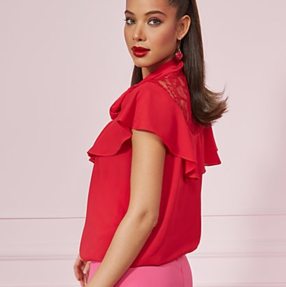 NY&CO | NWT TIE-FRONT LACE-YOKE RUFFLED TOP - Picture 2 of 5